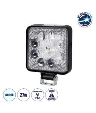 GloboStar® 85404 Vehicle Work Lights - Φώτα Εργασίας για Οχήματα LED 27W DC 10-30V Αδιάβροχο IP67 Ψυχρό Λευκό 6000K Μ14 x Π11 x Υ2.2cm
